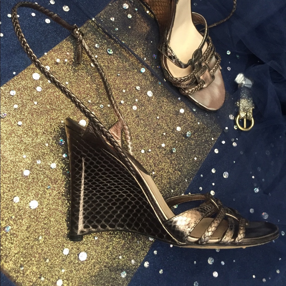 DIOR METALLIC PEWTER VTG GREEK BRAIDED LEATHER WEDGE Heels GORG LUX 7 $ FIRM - Picture 4 of 6